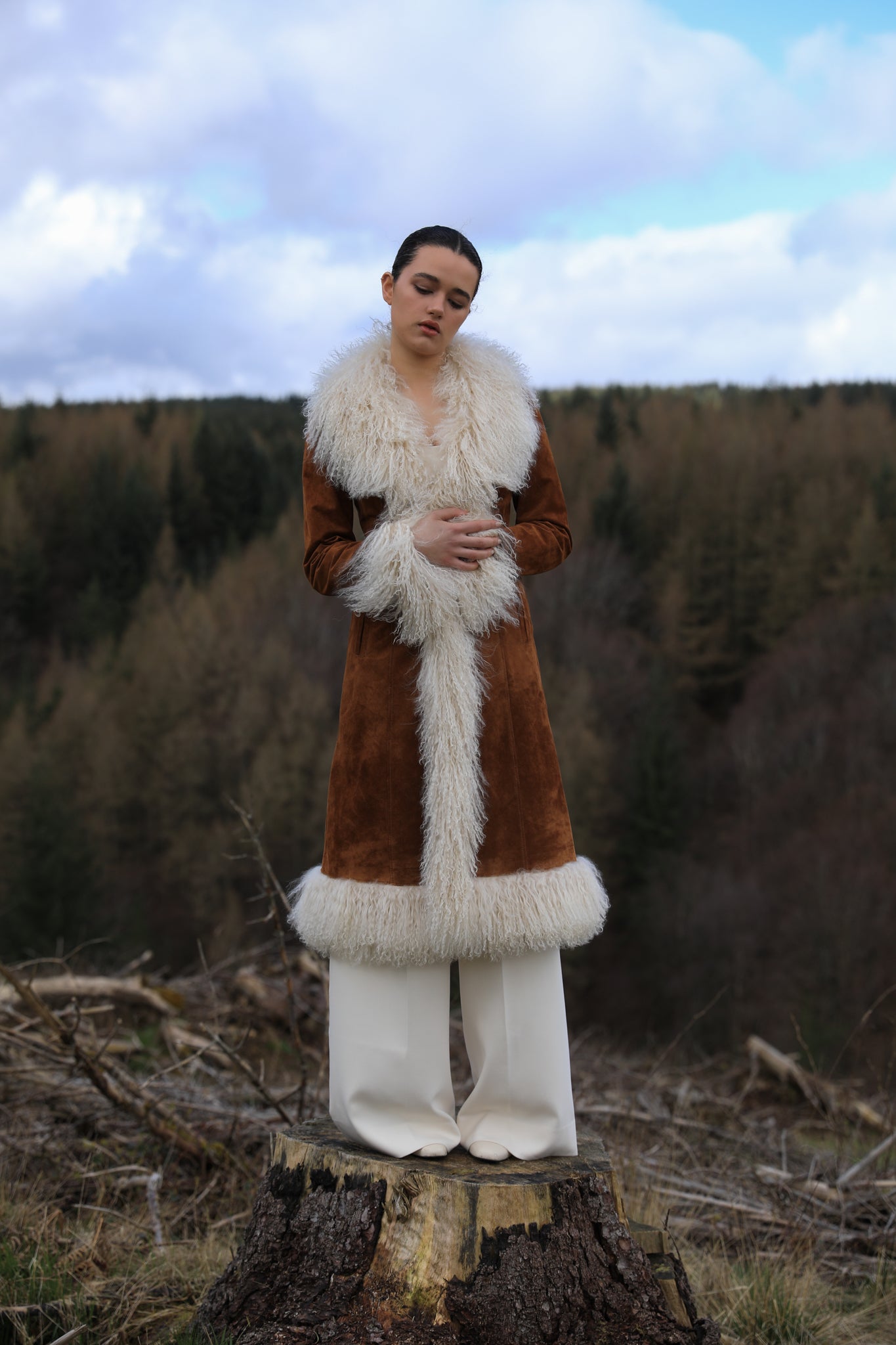 Suede Afghan coat with Mongolian shearling and cupro lining — The Penny
